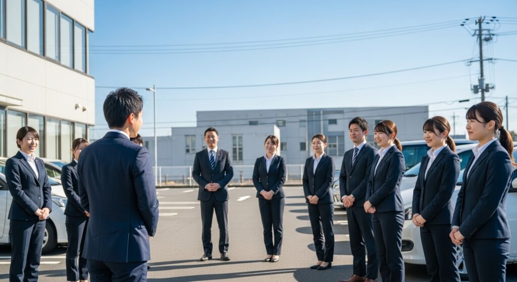 「企業向け安全運転研修 青空の下での挨拶」 「青空の下で行われる企業向け安全運転研修。スーツ姿の社員が駐車場に整列し、インストラクターの挨拶を受けている様子」