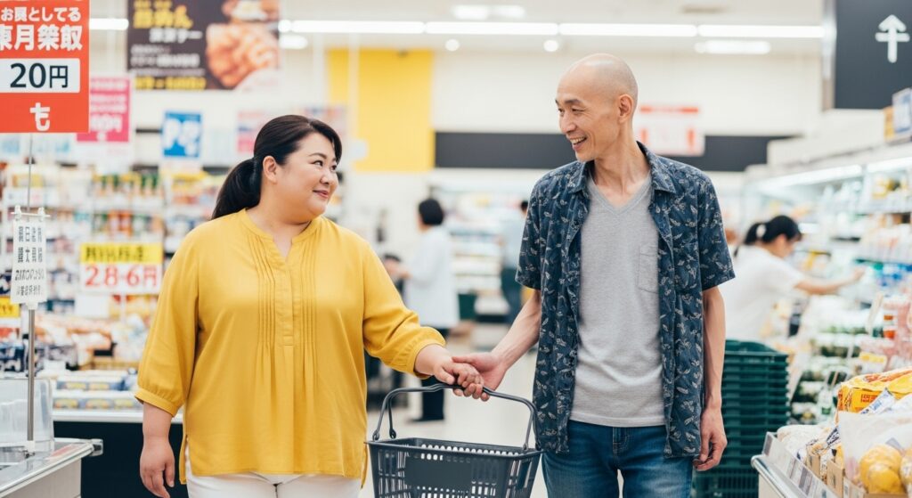 ペーパードライバー講習で夫婦の会話と絆を取り戻す スーパーで買い物をしながら手をつなぐ夫婦。ペーパードライバー講習をきっかけに会話が増え、夫婦の絆が深まる様子。