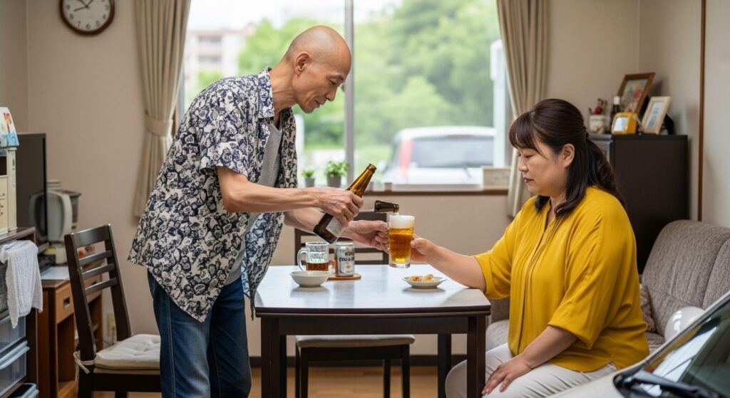 ペーパードライバー講習後の夫婦のねぎらい 講習後に落ち込む妻をねぎらい、夫がビールを注いで労っている50代夫婦のシーン。