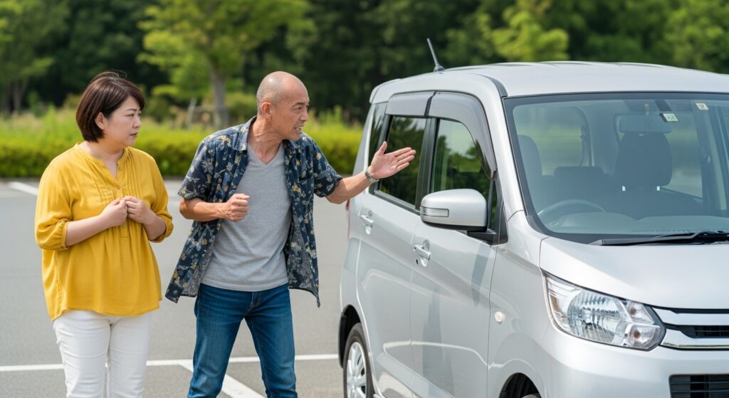 夫婦の運転練習での声かけの工夫 駐車場で夫が妻に運転を指導しているシーン。強い口調で指示する夫と、不安そうに聞く妻。