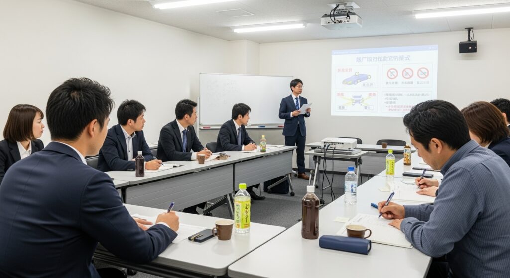 「企業向け安全運転研修 会議室での座学講義」 「企業向け安全運転研修の座学風景。会議室で社員がインストラクターの講義を受け、資料を見ながら真剣にメモを取っている様子」