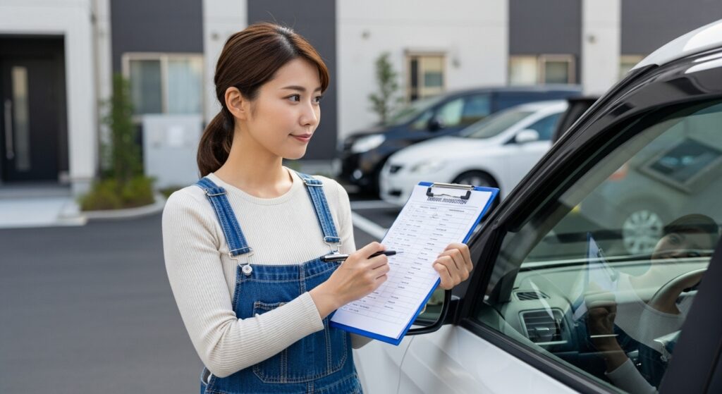 駐車場で車の横に立ち、クリップボードの簡易チェックリストを記入する女性。日常点検項目を確認しながら講習で学んだ手順を実践。