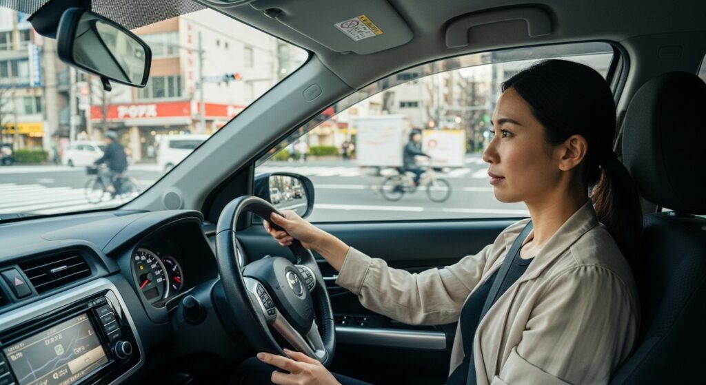 毎週ペーパードライバー講習を受け、自信をつけた女性が都内の交差点を落ち着いた様子で運転している。