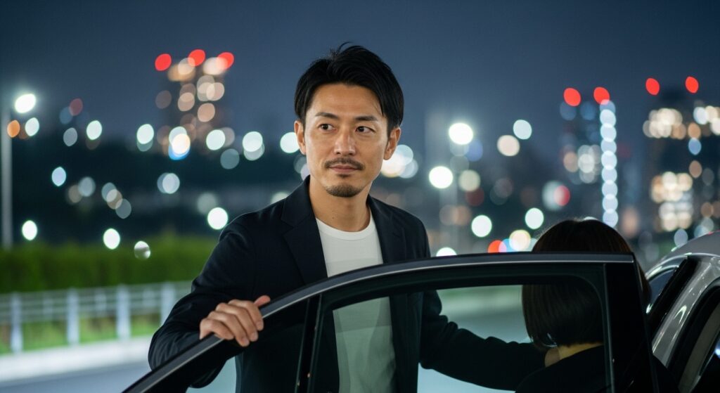夜の街で車を降りる40代の日本人男性。余裕のある運転スタイルで女性に安心感を与える大人のデートシーン。余裕のある男の運転スタイル｜デートで安心感を与える秘訣 