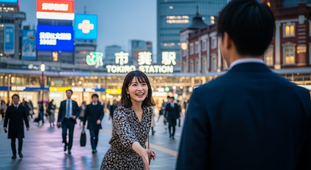 東京駅でマッチングアプリのデートを楽しむ女性 東京駅前でマッチングアプリの男性と初対面する20代女性|笑顔で出会いを楽しむシーン