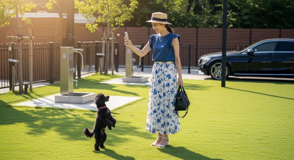 犬 マウント トイプードル SNS映え ドッグラン トイプードルと女性がドッグランで遊ぶ様子|犬マウントやSNS映えの象徴