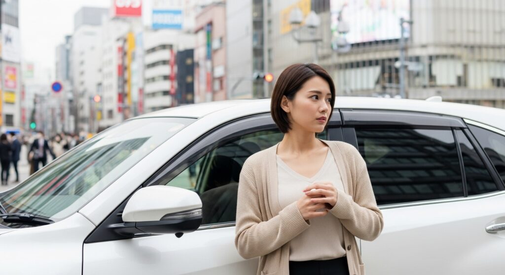 街中で車の横に立つ、運転に自信のない若い女性