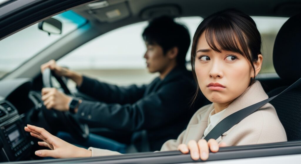 デート中に彼氏が運転する車の助手席で、不安そうな表情を浮かべる女性