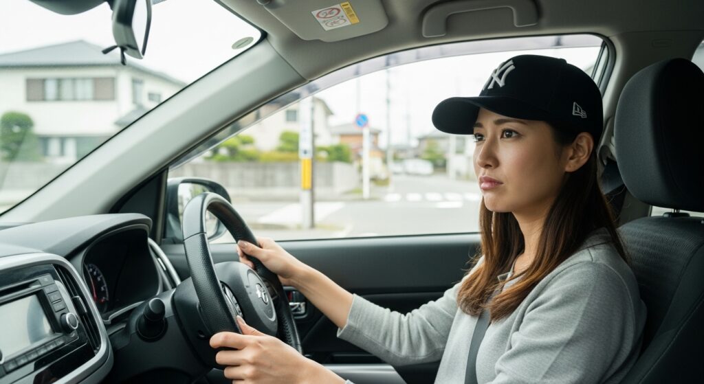 運転中に不安な表情を見せる若い日本人女性。運転恐怖症の心理的負担を表すシーン。