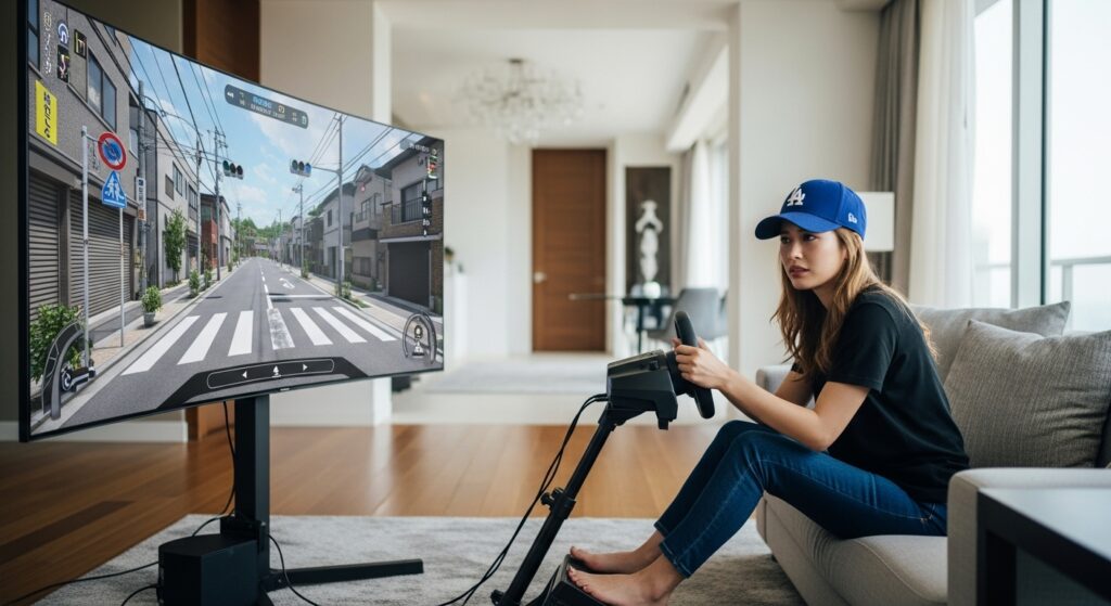 自宅の高級マンションで運転シミュレーターを使い、交通ルールを学んでいる若い日本人女性。大型モニターには住宅街の交差点が表示されている。