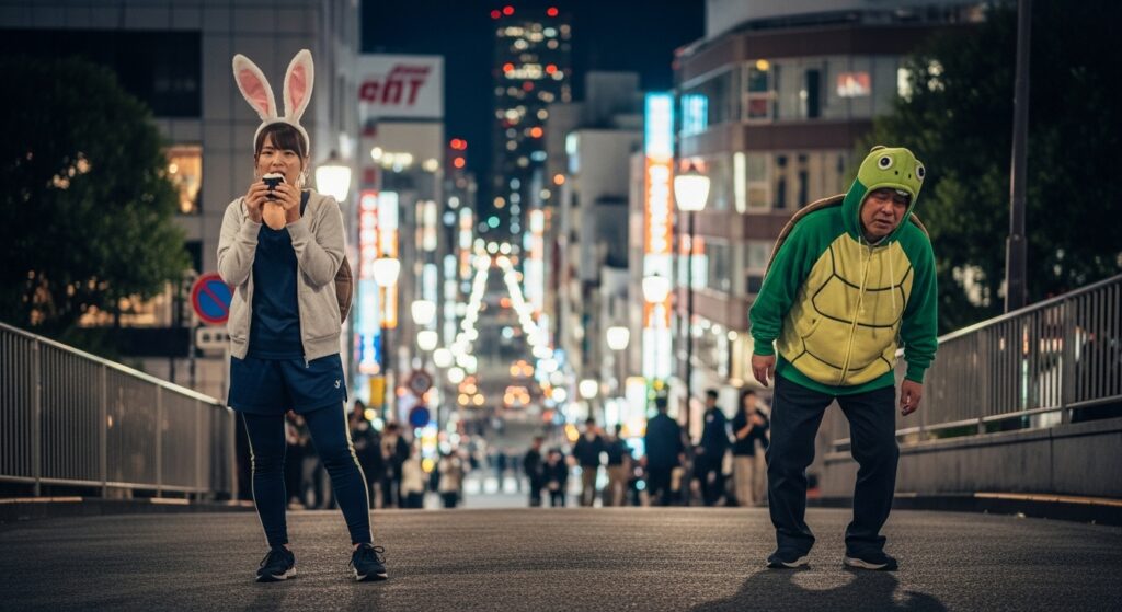 エコモードの燃費効果|うさぎとカメの市街地ドライブ比較 エコモード走行のイメージ|市街地でストップ&ゴーを繰り返すうさぎとカメの比較