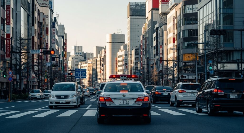 東京の交差点で赤色灯を点灯したパトカーが走行している様子