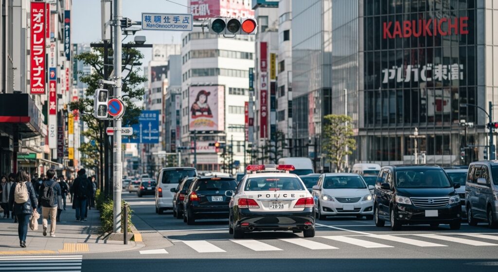 新宿歌舞伎町の交差点で赤色灯を点灯したパトカーと混雑する車列