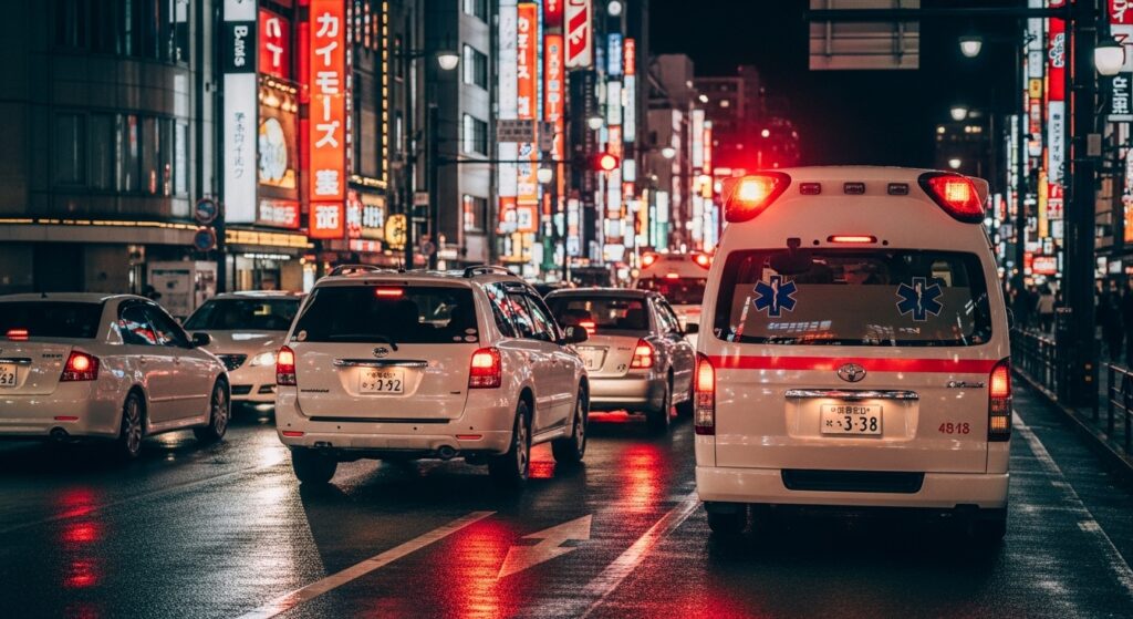 新宿歌舞伎町の夜、救急車が渋滞の中で赤信号に止まっている様子
