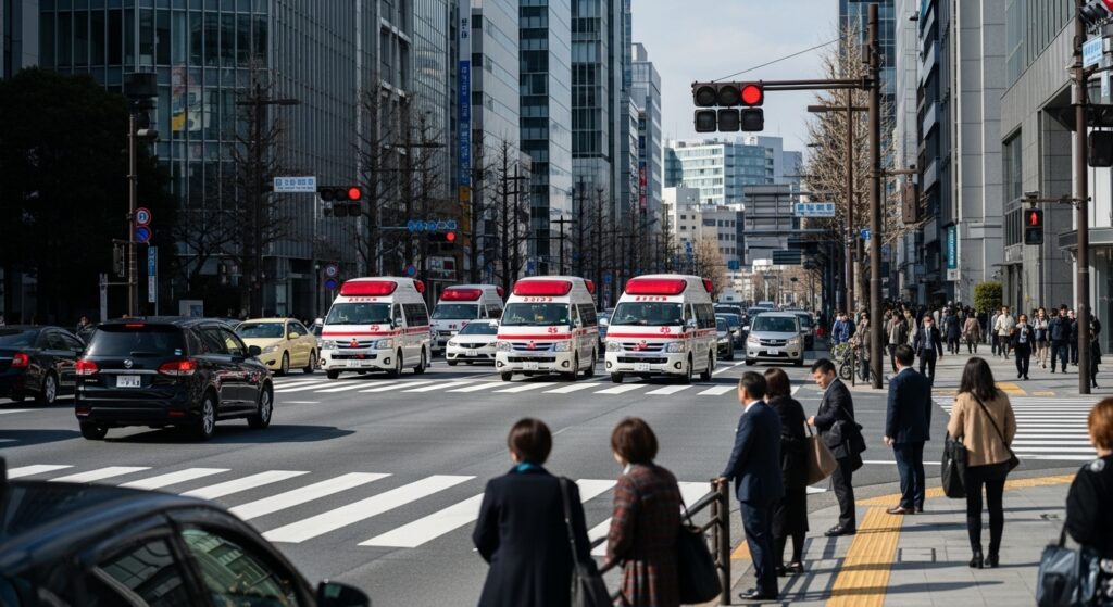 東京の大通り交差点で複数の救急車が赤信号で停車している様子