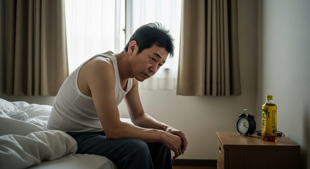 朝、東京都内の自宅ベッドで疲労感に包まれた50代日本人男性ペーパードライバー講習インストラクター。連日の講習で起き上がれないほどの疲れ。