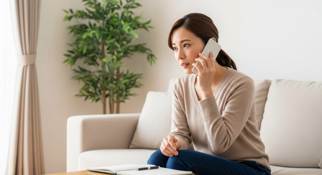 電話でペーパードライバー講習の相談をする女性。自宅から安心して問い合わせ可能。