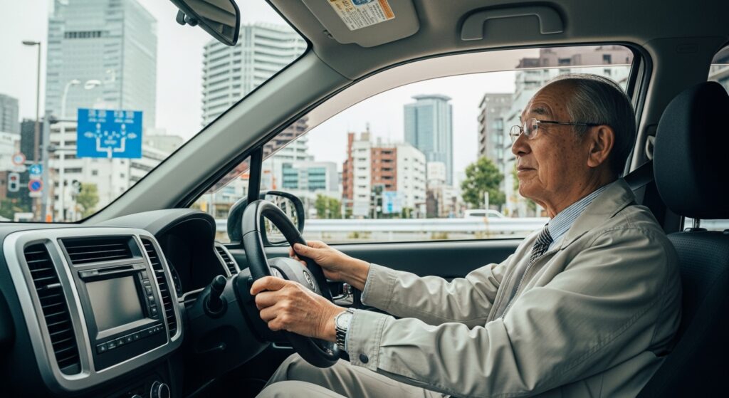 山手通りを運転する高齢の日本人男性｜新宿区でペーパードライバー講習を検討中の方に向けたFAQ用イメージ