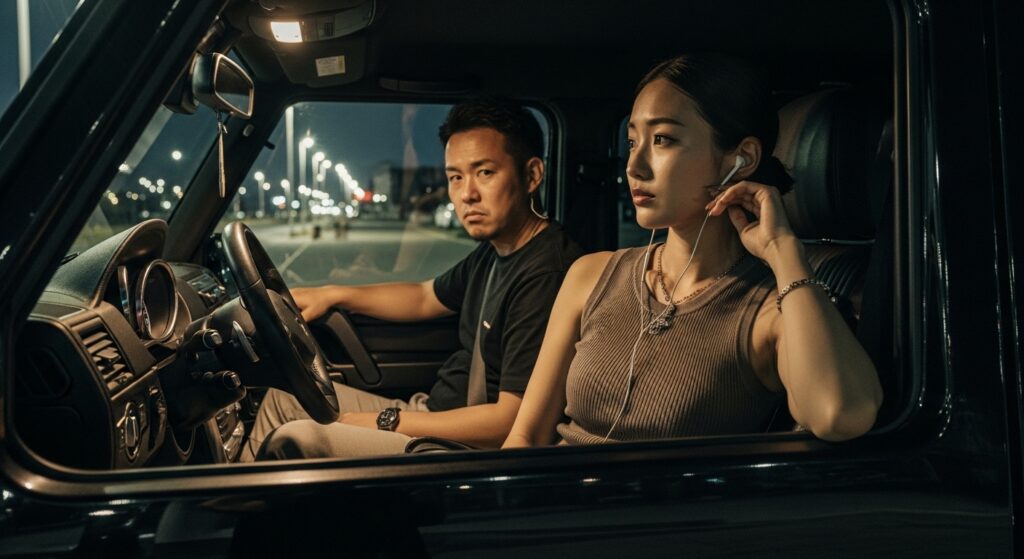 paperdriver-first-date-car-interior-manners.jpg 夜の車内で初デートをする男女。男性は運転席で無表情、女性は助手席でイヤホンをしながらスマホを見ている。