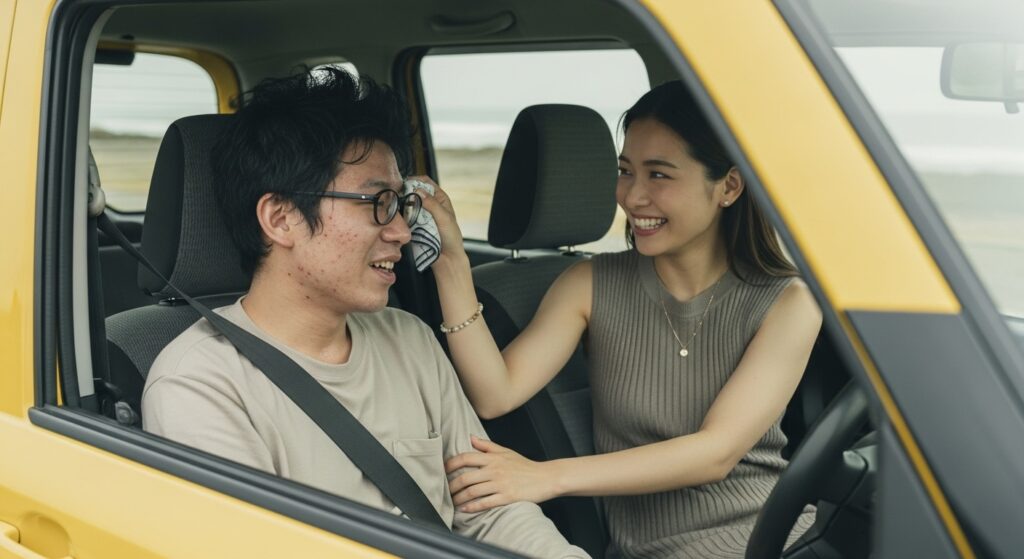 初デートの車内で気配りを見せる女性|黄色い軽自動車での心温まるワンシーン 助手席の女性が笑顔で男性の汗を拭いてあげるシーン。気配りを見せることで車デートはより温かく、好印象につながります。