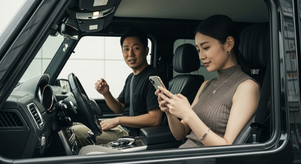 first-date-car-smartphone-ignore-sign.jpg 初デートの車内で男性が会話をしているが、女性はスマホに夢中で聞いていない様子。脈なしサインを示すシーン。