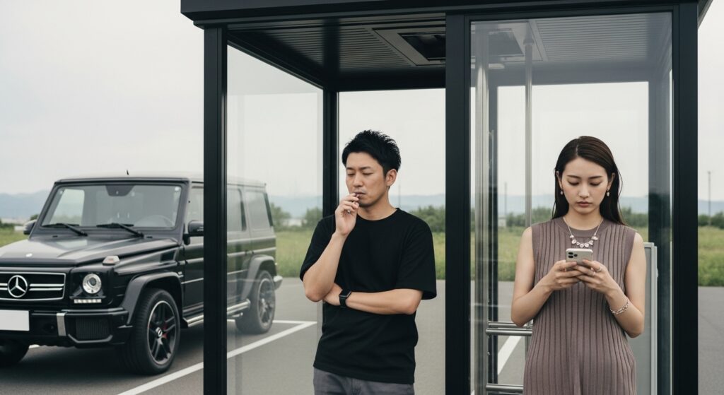 paperdriver-first-date-car-smell-tobacco.jpg 高速道路の喫煙所でタバコを吸う男性とスマホを見ている女性。後方には黒いベンツGクラスが停まっている。
