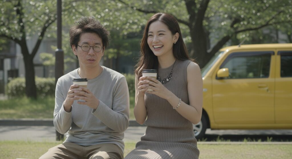 初デート 公園 コーヒー 告白のタイミング 初デートで公園のベンチに座り、コーヒーを飲みながら会話する男女。自然体の雰囲気の中で告白のタイミングを考える様子。後ろには黄色の軽自動車が停まっている。