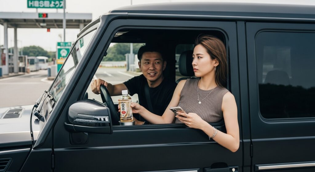 paperdriver-first-date-car-comfort-good-impression.jpg 高速道路の料金所近くでドライブデートをする男女。男性は笑顔で会話し、女性はスマホを手に飲み物を持っている。