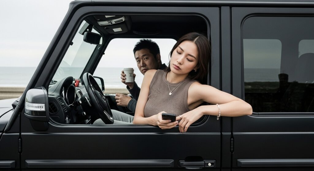 first-date-drive-memory-car-couple.jpg 海辺に停車した黒いベンツGクラス。助手席の女性はスマホを見ながら外を眺め、運転席の男性はコーヒーを手にしている。