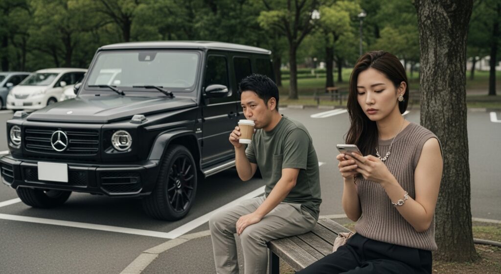 first-date-car-meeting-paperdriver.jpg 初デートで車の待ち合わせをする男女。男性はコーヒーを飲み、女性はスマホを見ていて会話がかみ合っていない様子。