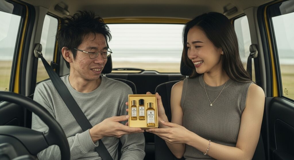 first-date-car-gift-oil-set 初デートの車内で、男性が女性に油のギフトセットを手渡し、女性が笑顔で受け取っているシーン。黄色い軽自動車の中で心温まるやり取りをしている様子。