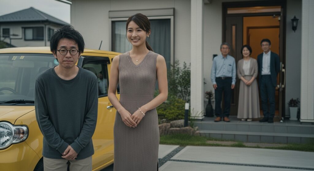 first-date-greeting-parents 女性が恋人を自宅の両親に紹介しているシーン。黄色い軽自動車の前に立ち、男性は少し緊張気味、女性は笑顔で両親に挨拶している。後ろの玄関先には両親が並んで迎えている様子。
