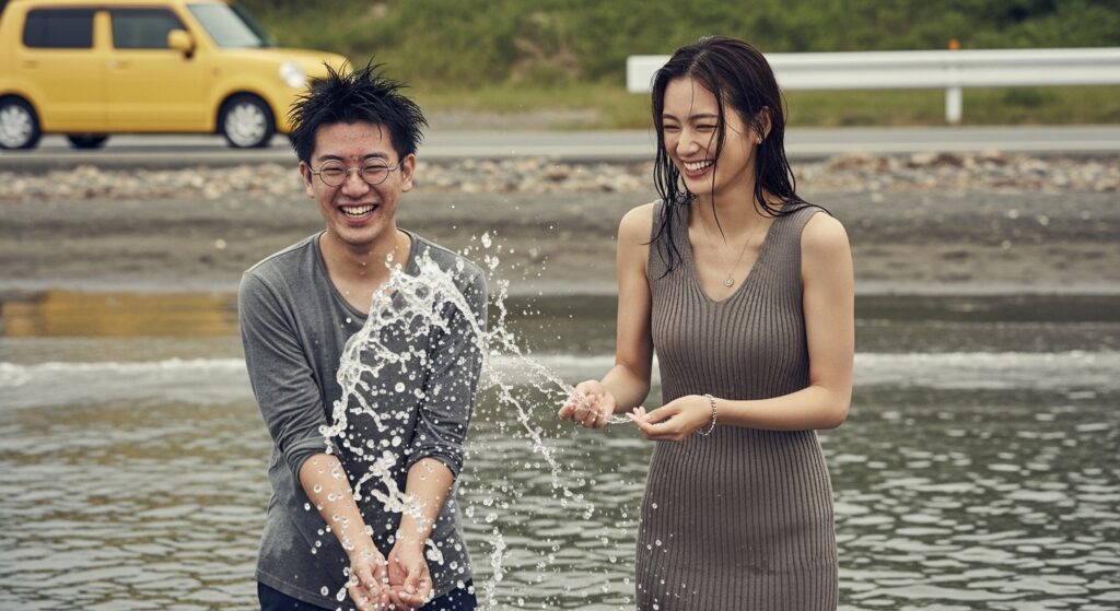 「海辺の初デート|車デートで水遊びを楽しむカップル」 海辺で日本人カップルが水をかけ合いながら笑顔で楽しむ様子。後ろには黄色の軽自動車が停まっており、初デートの車デートの楽しさを表現している。
