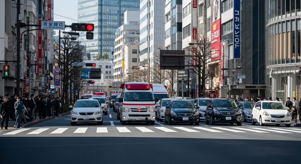 東京の交差点で赤色灯を点灯した救急車が先頭に停車している様子