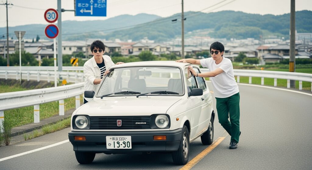 ガス欠で車を押す二人の男性。地方の道路で白いコンパクトカーを押している様子