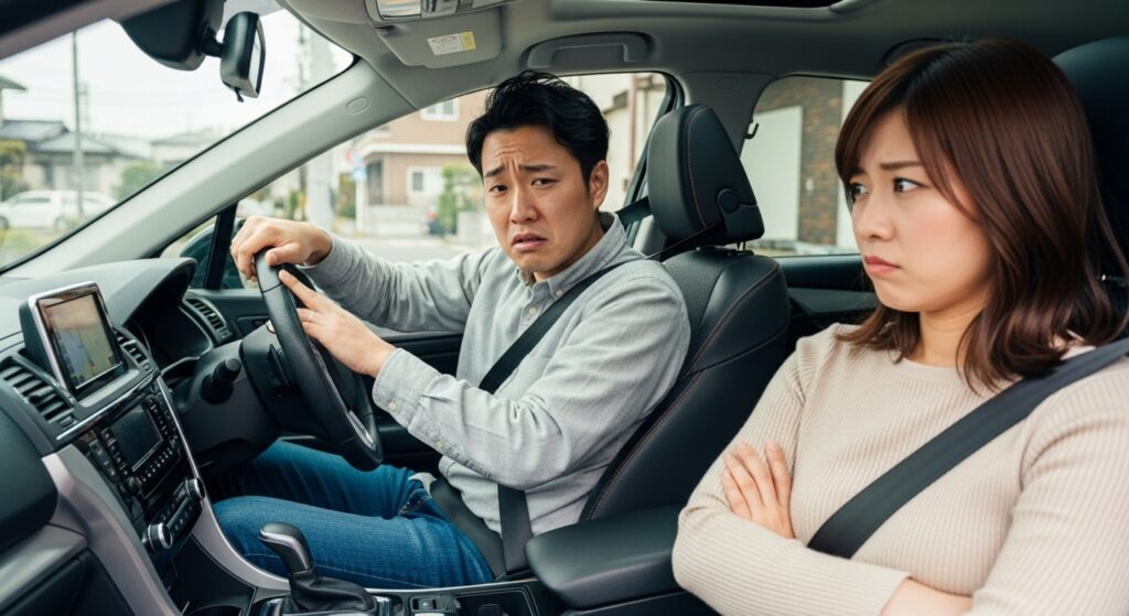 運転が不慣れな彼氏と、不信感を抱く彼女の車内シーン 助手席の彼女が違和感を抱く瞬間。運転に戸惑う日本人男性(右ハンドル車内)。