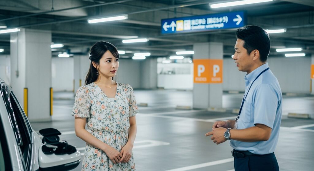 東新宿の地下駐車場でインストラクターと会話するペーパードライバー講習中の女性