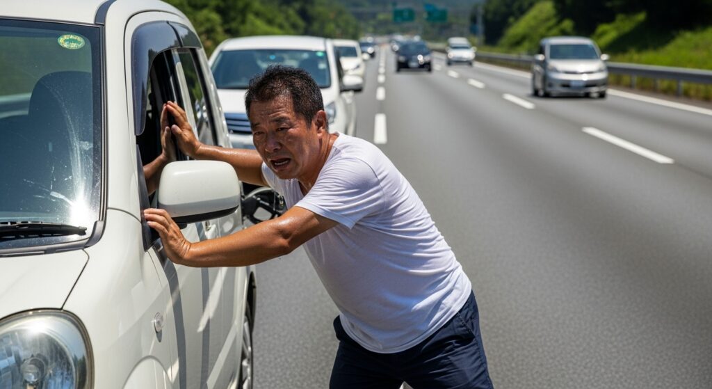 高速道路でガス欠になり汗だくで車を押す男性