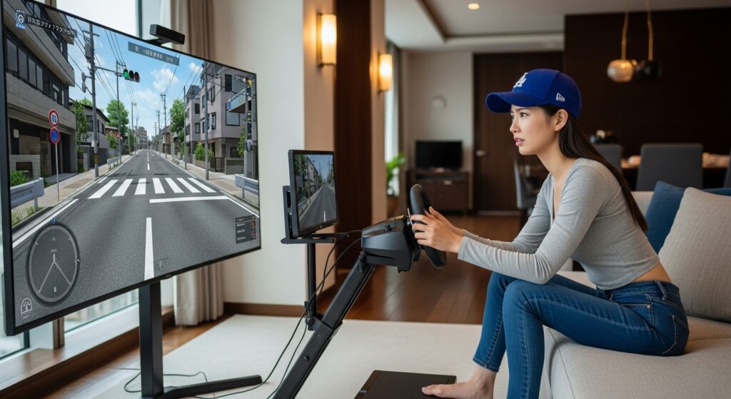 自宅で運転シミュレーターを使いながら、サイドミラーの調整方法を確認している日本人女性。交差点と標識が映る大画面モニターを見つめている。