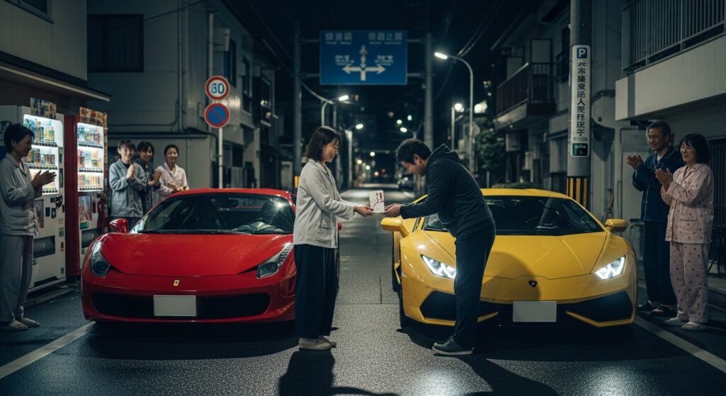赤いフェラーリと黄色いランボルギーニの前で贈り物を交換し感謝を伝え合う男女｜パッシングでありがとうを伝えたあとの場面