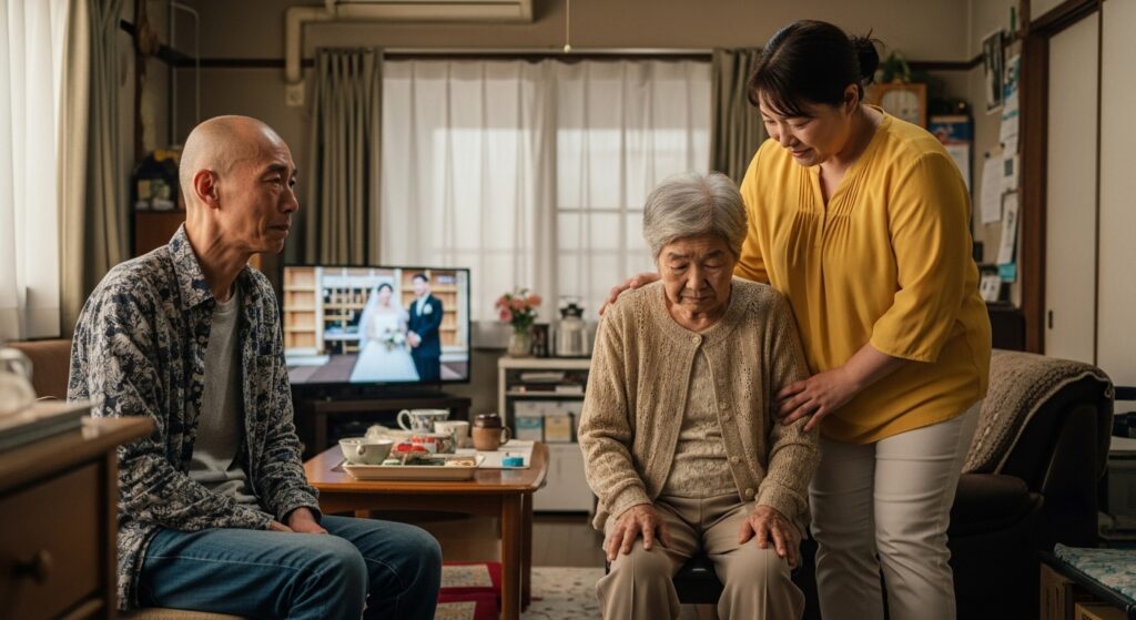 paperdriver-family-support 家族が高齢の母を支える様子。ペーパードライバー講習を学ぶ妻を応援する夫と家族の支援を描いたシーン