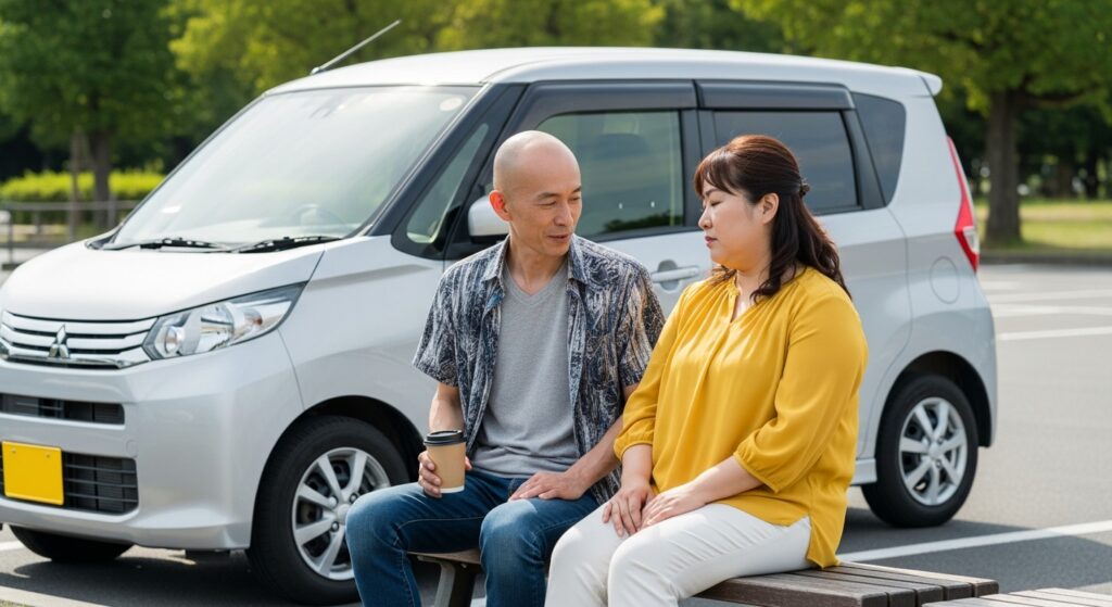 夫婦の運転練習と声かけの工夫 駐車場で休憩する50代の日本人夫婦。夫が妻に運転練習の教え方や声かけの工夫について話しているシーン。