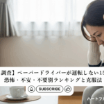 頭を抱えて悩む女性。ペーパードライバーが運転を避ける理由を解説する記事のアイキャッチ画像。