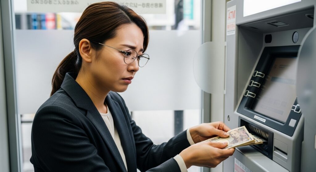 Japanese office worker withdrawing cash at ATM ATMでお金を引き出す日本人女性 20代のオフィスワーカーが生活費に悩む様子