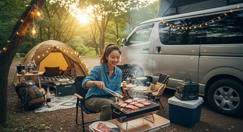 japanese-woman-solo-car-camping-private-space-vanlife-bbq ソロキャンプを楽しむ20代女性。ワンボックスカーとテントを使い、バーベキューでお肉を焼いているシーン