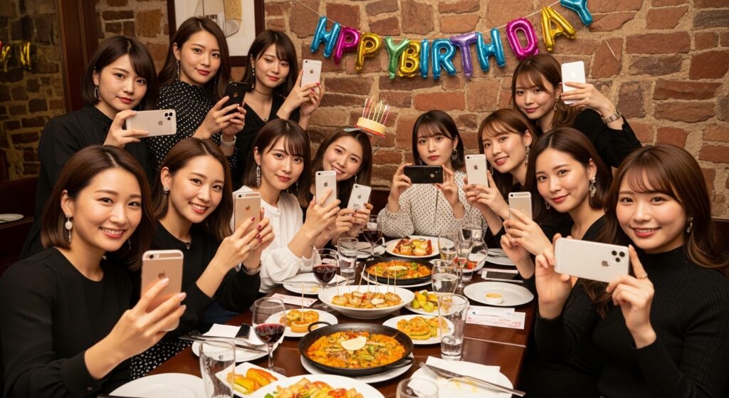 Japanese women birthday party dinner group photo 誕生日を祝う日本人女性グループがレストランでスマホ撮影を楽しむ様子