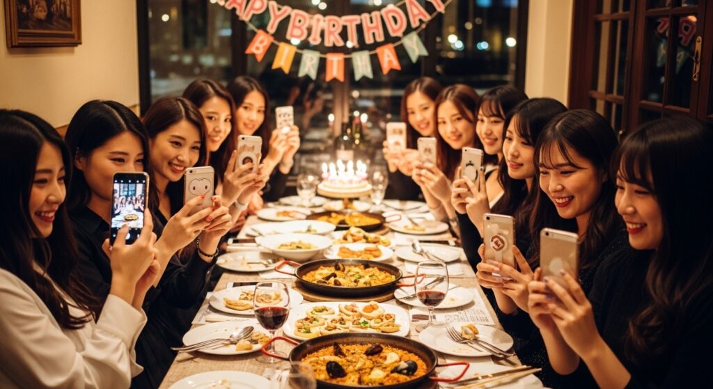 女子会の誕生日パーティー|スペイン料理と笑顔の20代女性たち 誕生日パーティーで女子会を楽しむ日本人女性たち。テーブルにはスペイン料理が並び、みんなでスマホ撮影しているシーン。