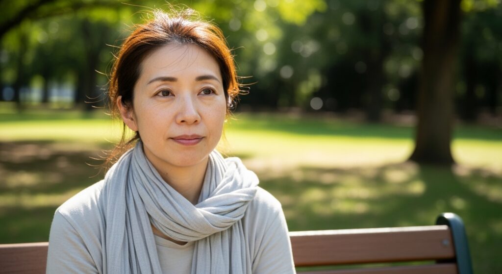 40代の日本人女性が公園のベンチに座り、静かに前を見つめている。昼はコールセンター、夜は飲食店で皿洗いをするシングルマザー。