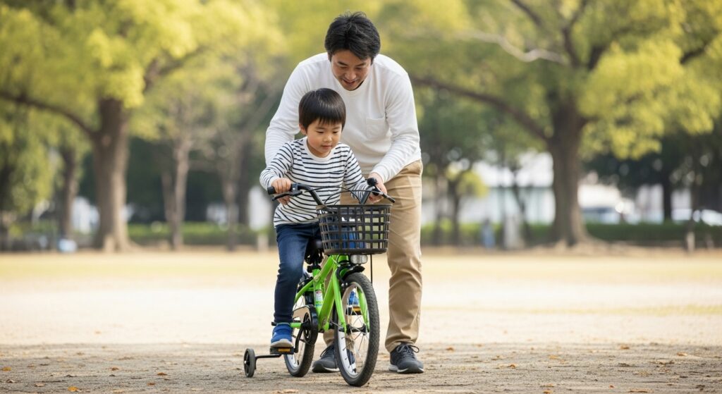 父親に支えられながら補助輪付き自転車に挑戦する6歳の男の子｜公園での練習シーン