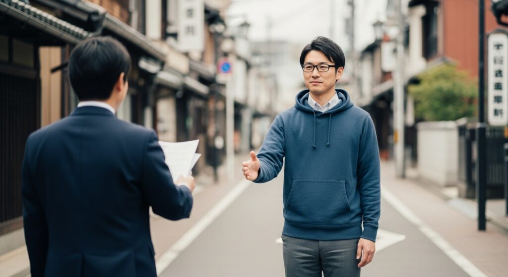 神楽坂でインストラクターと受講者が出会い、ペーパードライバー講習を始める前に挨拶している様子